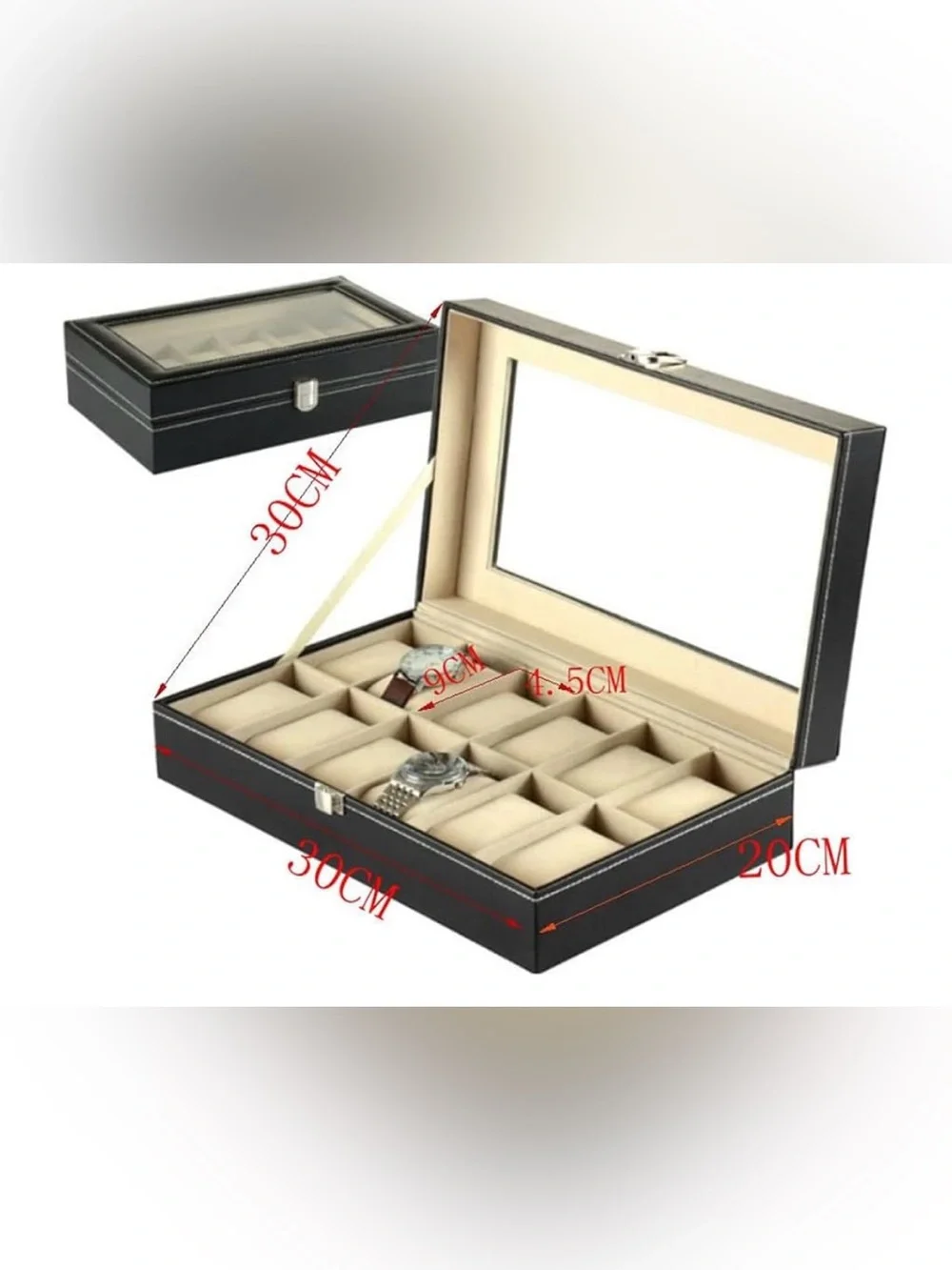 Black Leather 12 Watch / Jewelry Organizer With Clear Top & Metal Securing Latch